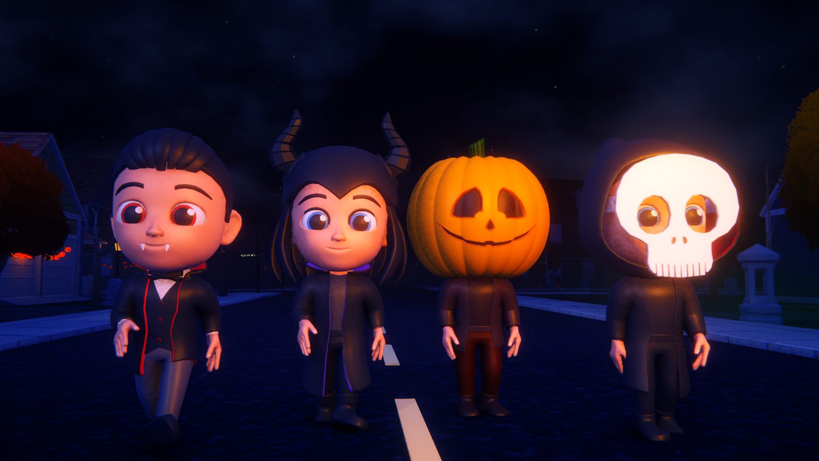 Four kids in Halloween costumes, a vampire, a horned witch, a pumpkin head and a glowing skull, walking down a dark street
