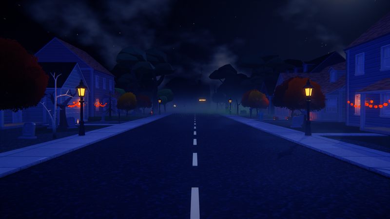 A foggy suburban street at night lined with jack-o-lanterns