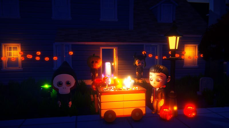 Trick-or-treating on a porch